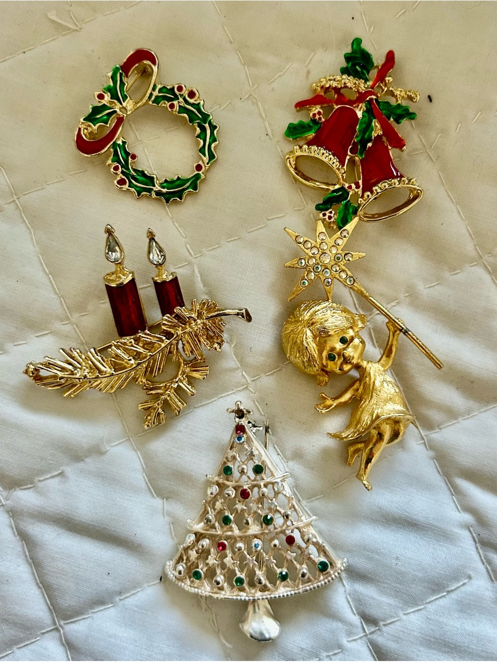 Holiday Christmas Brooch Set of 6 Gold, Red & Green Festive Pins